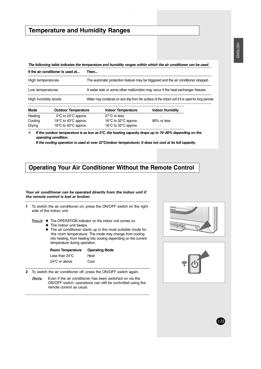 Samsung SH12AWHD, SH09AW8 manual Temperature and Humidity Ranges, Operating Your Air Conditioner Without the Remote Control 