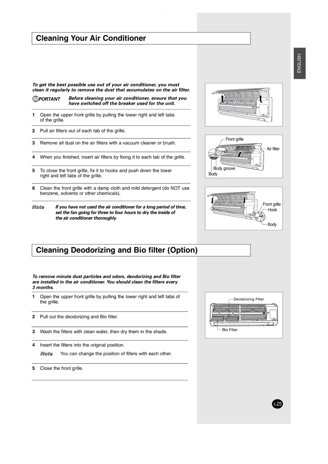 Samsung SH12AWHD, SH09AW8 manual Cleaning Your Air Conditioner, Cleaning Deodorizing and Bio filter Option 