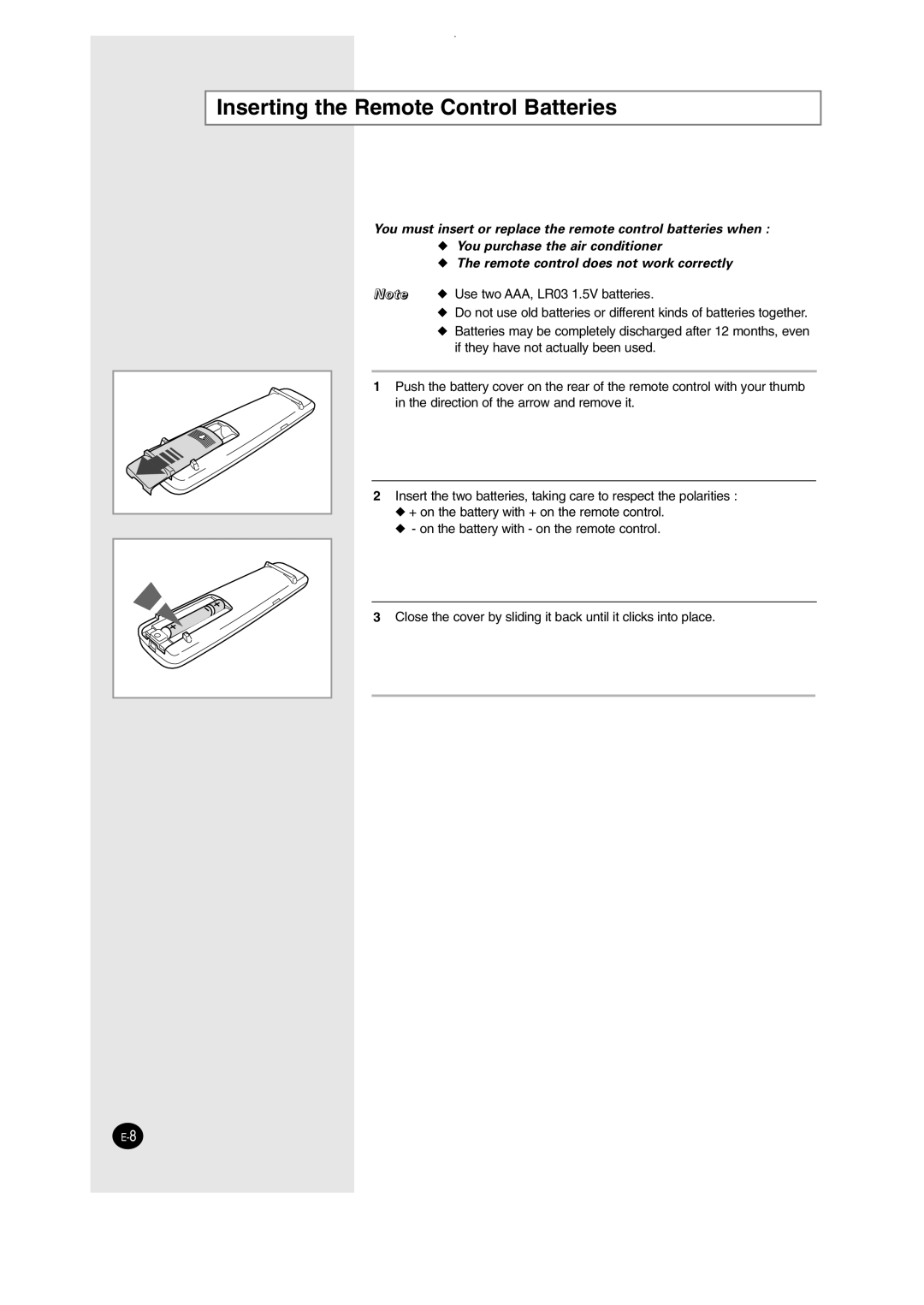 Samsung SH09AW8, SH12AWHD manual Inserting the Remote Control Batteries 