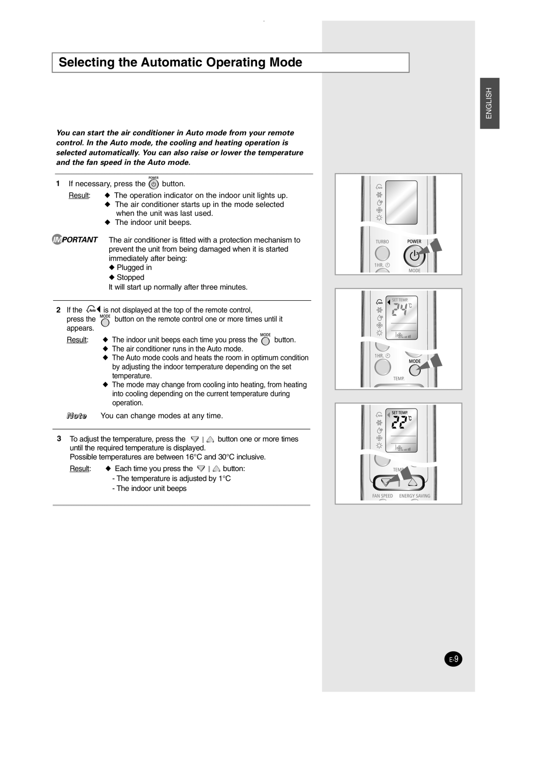 Samsung SH12AWHD, SH09AW8 manual Selecting the Automatic Operating Mode 