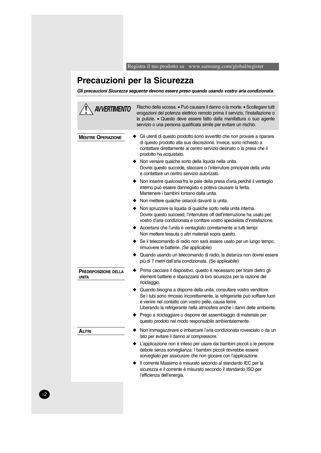 Samsung SH12AWHD, SH09AW8 manual Precauzioni per la Sicurezza 