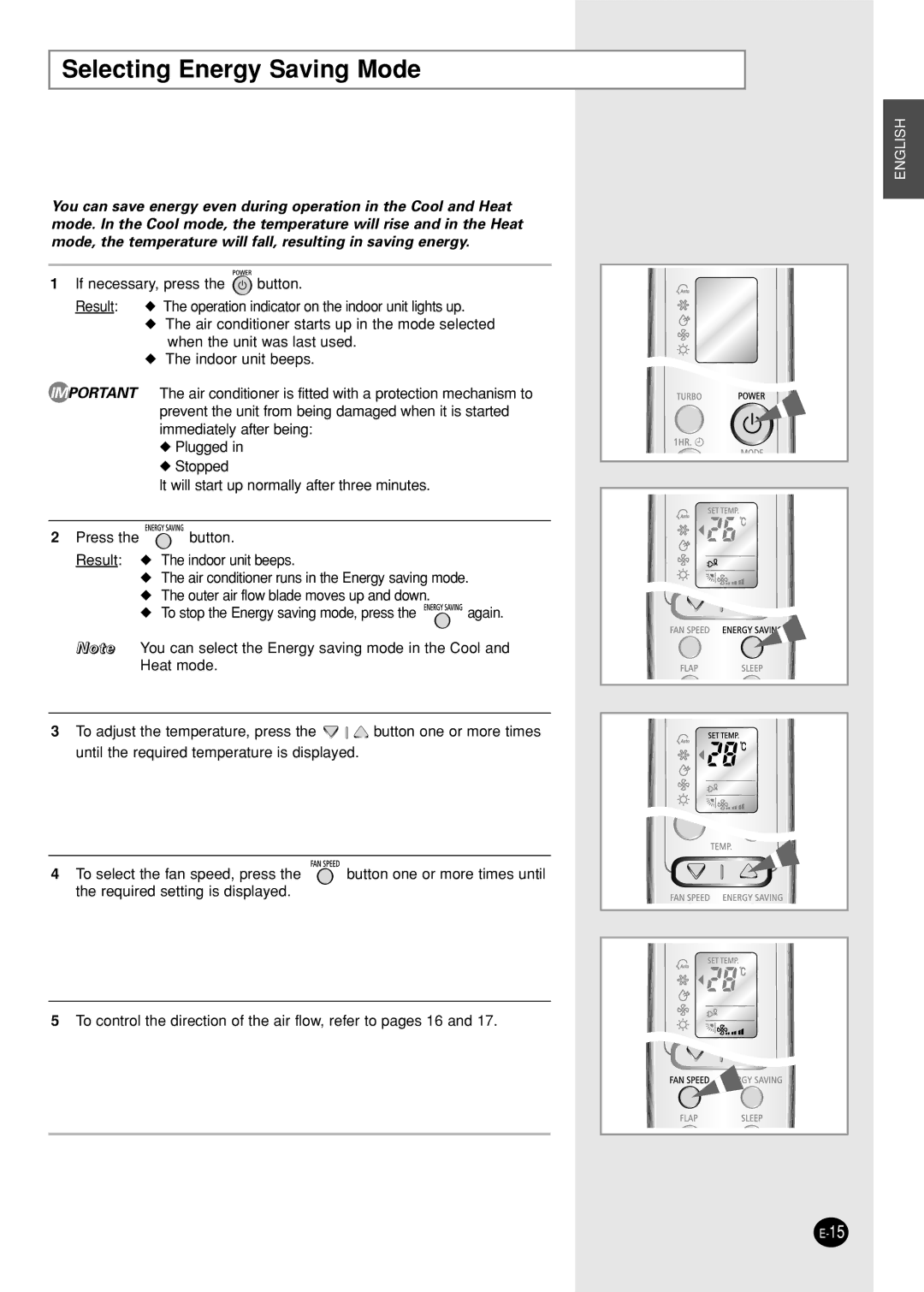 Samsung SH12ZWH/SER, SH09AW8, SH09AWHX, SH09AWHD, SH12AWHX, SH12AWHD, SH12ZWHX, SH09ZWH manual Selecting Energy Saving Mode 