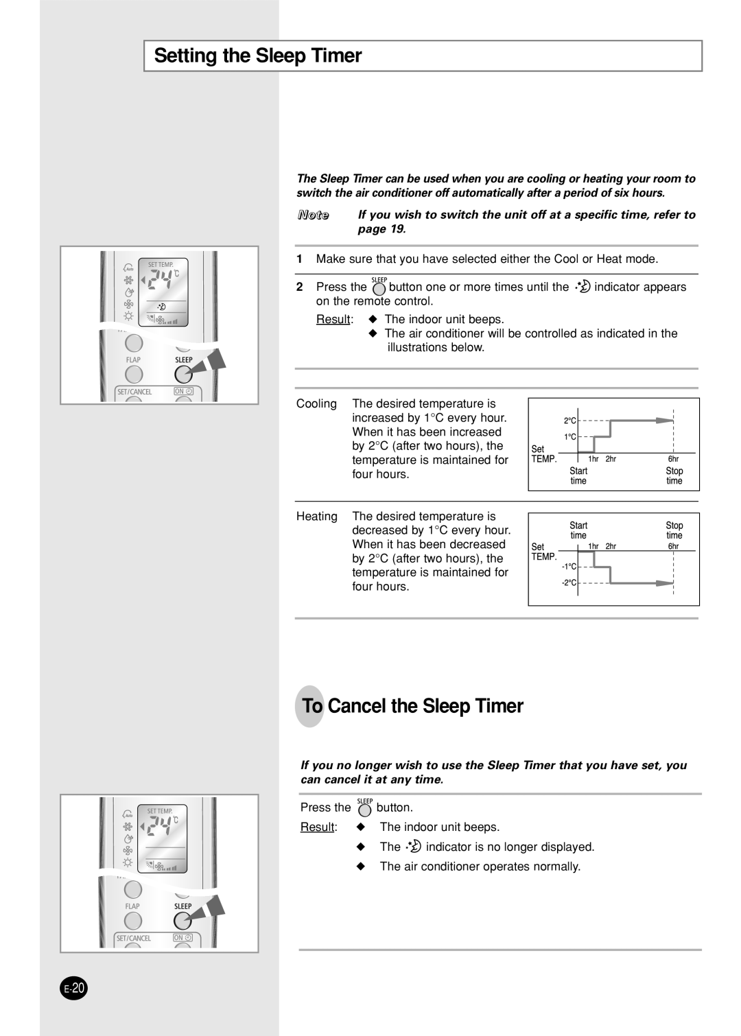 Samsung SH12ZWHX/SER, SH09AW8, SH09AWHX, SH09AWHD, SH12AWHX, SH12AWHD Setting the Sleep Timer, To Cancel the Sleep Timer 