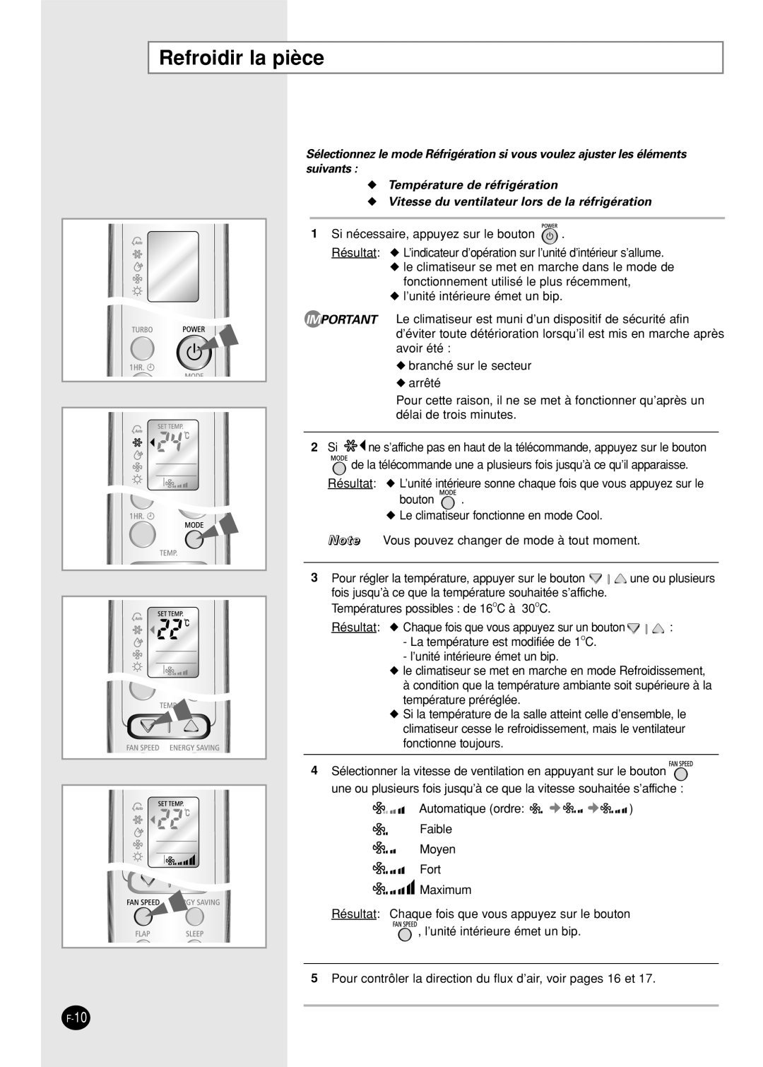 Samsung SH09AW8, SH09AWHX, SH09AWHD, SH12AWHX manual Refroidir la pièce, Vitesse du ventilateur lors de la réfrigération 