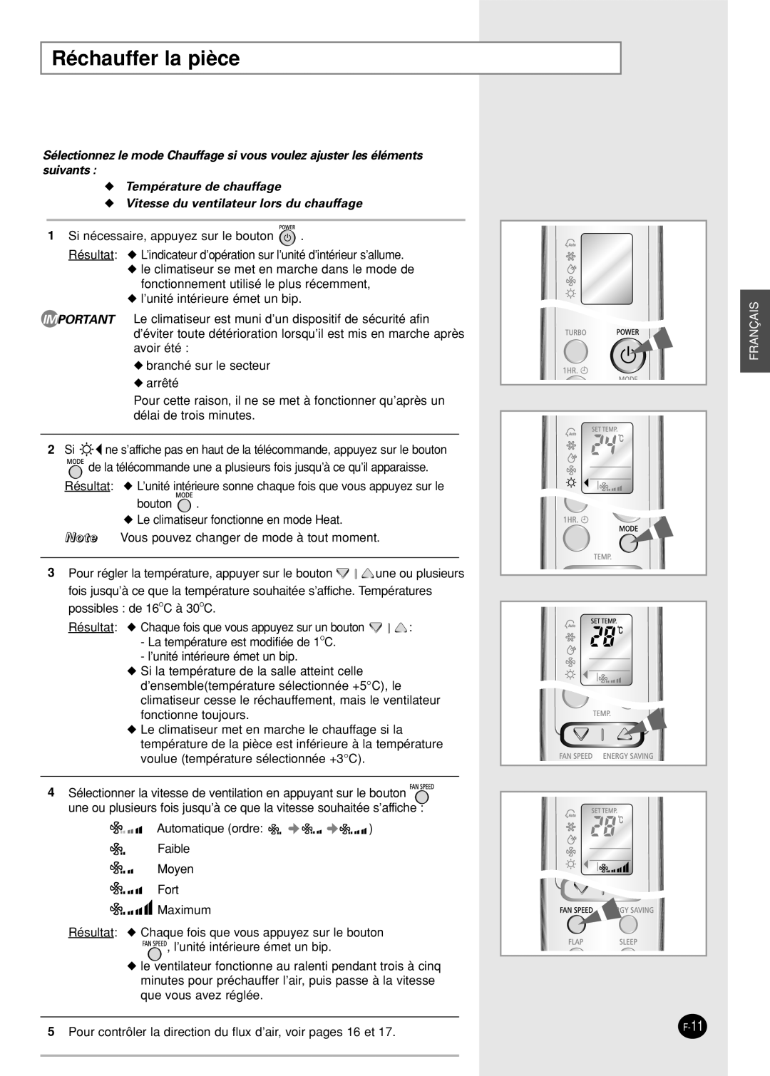 Samsung SH09AWHD, SH09AW8, SH09AWHX, SH12AWHX, SH12AWHD manual Réchauffer la pièce 