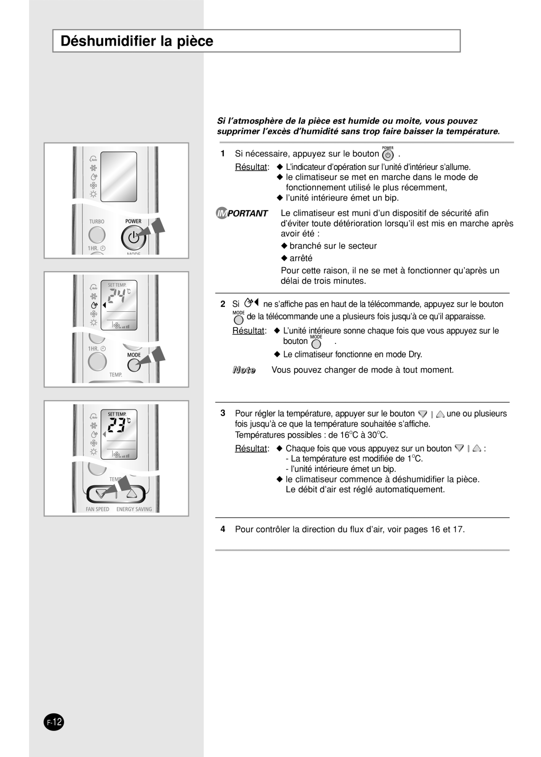 Samsung SH12AWHX, SH09AW8, SH09AWHX, SH09AWHD, SH12AWHD manual Déshumidifier la pièce 