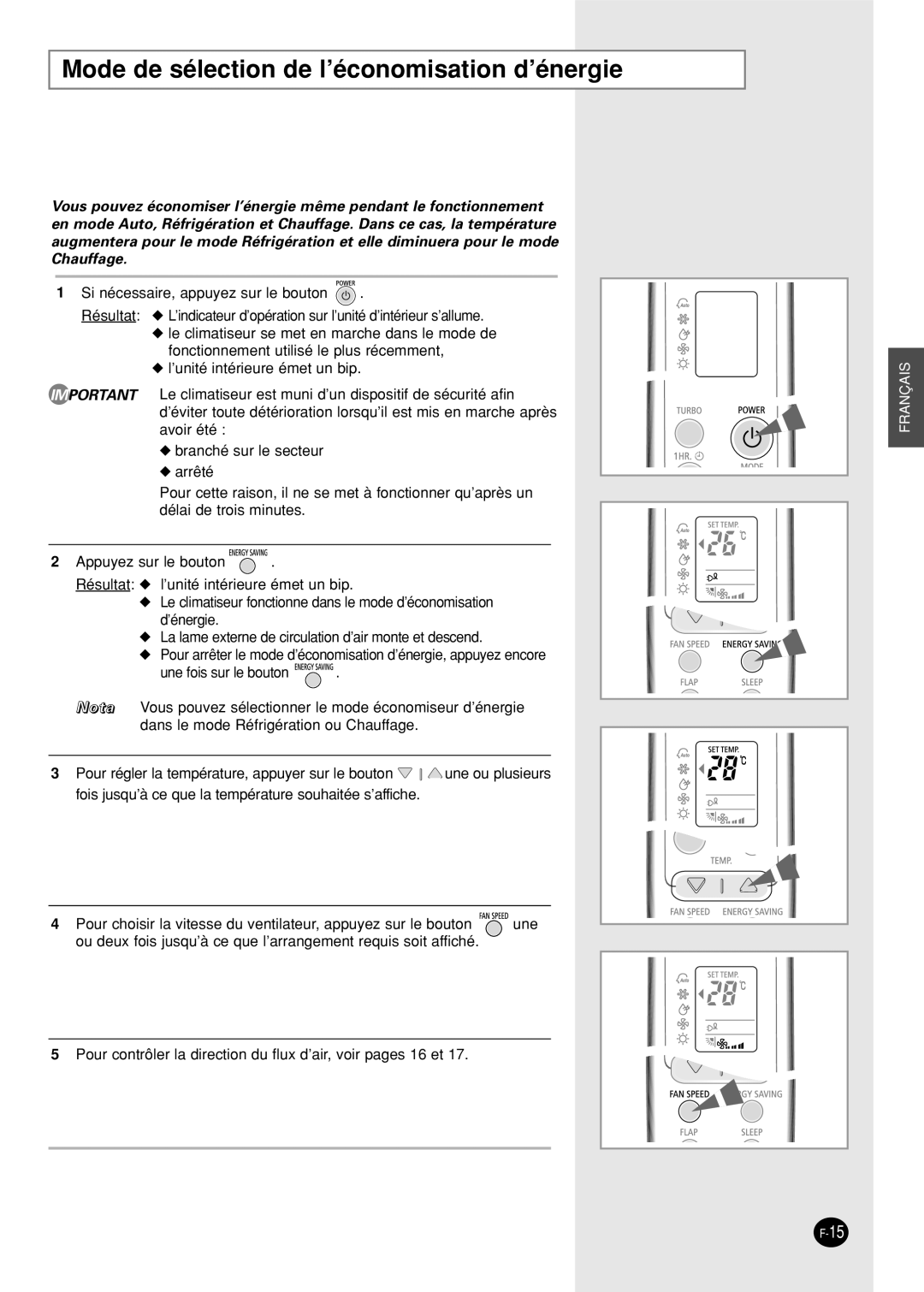 Samsung SH09AW8, SH09AWHX, SH09AWHD, SH12AWHX, SH12AWHD manual Mode de sélection de l’économisation d’énergie 