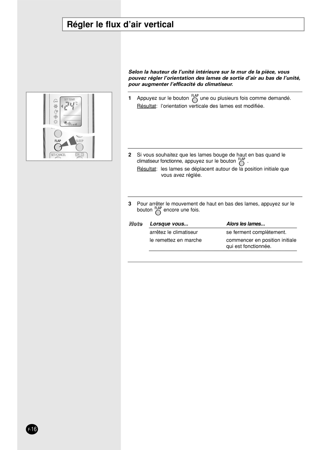 Samsung SH09AWHX, SH09AW8, SH09AWHD, SH12AWHX, SH12AWHD manual Régler le flux d’air vertical, Alors les lames 