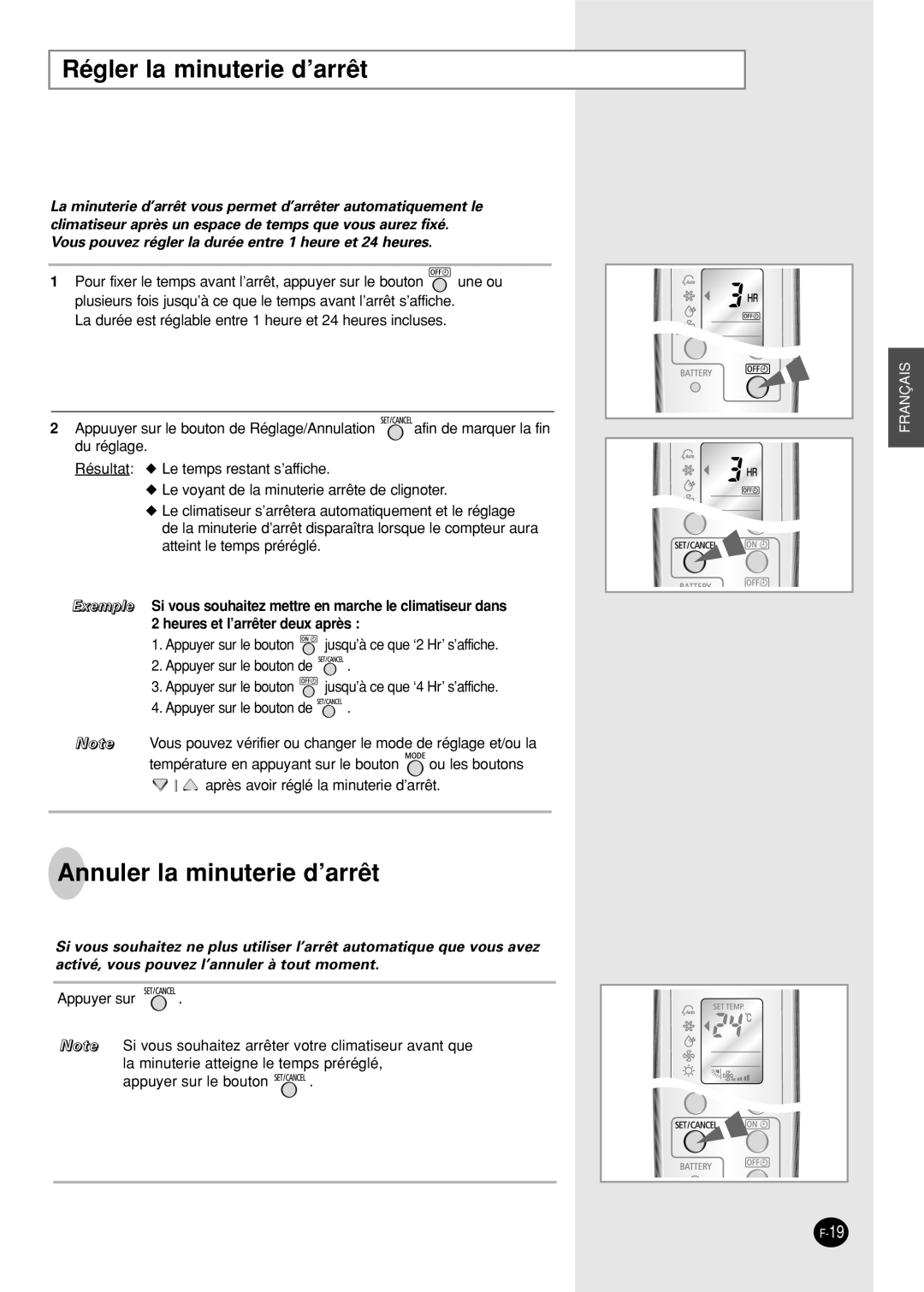 Samsung SH12AWHX, SH09AW8, SH09AWHX, SH09AWHD, SH12AWHD manual Régler la minuterie d’arrêt, Annuler la minuterie d’arrêt 