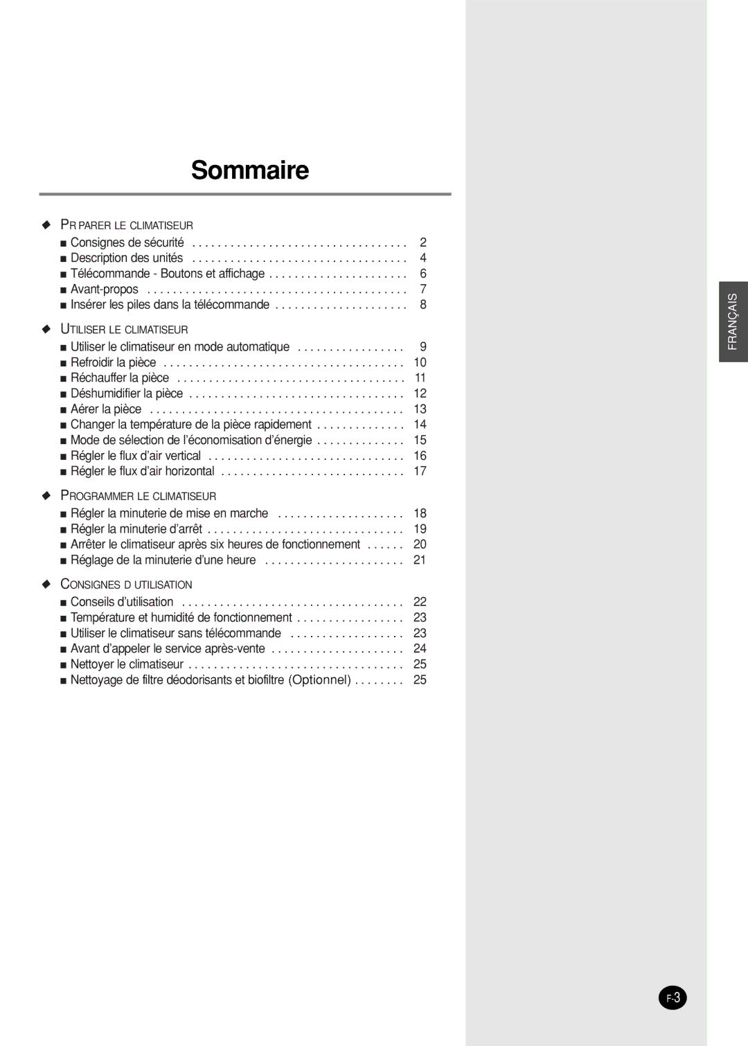 Samsung SH09AW8, SH09AWHX, SH09AWHD, SH12AWHX, SH12AWHD manual Sommaire 