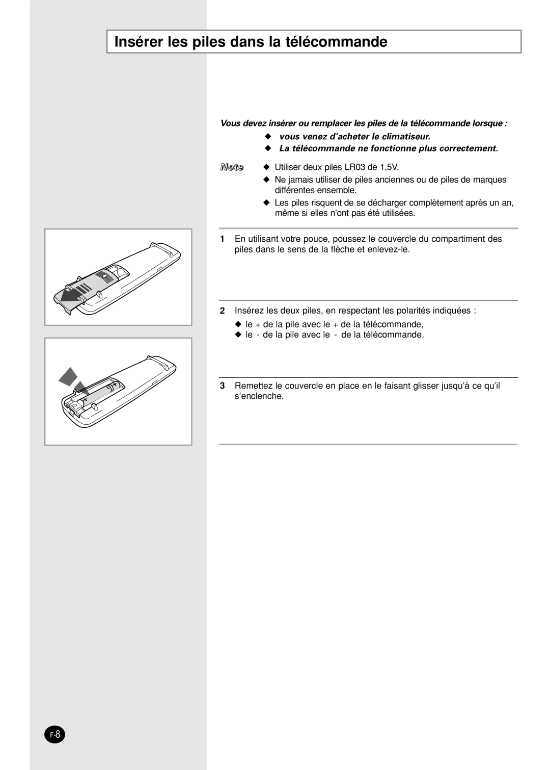 Samsung SH09AW8, SH09AWHX, SH09AWHD, SH12AWHX, SH12AWHD manual Insérer les piles dans la télécommande 