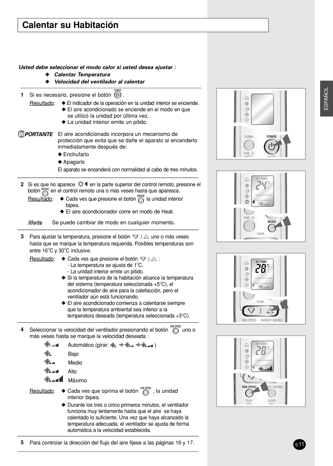 Samsung SH12AWHD, SH09AWHX, SH09AWHD, SH12AWHX manual Calentar su Habitación 