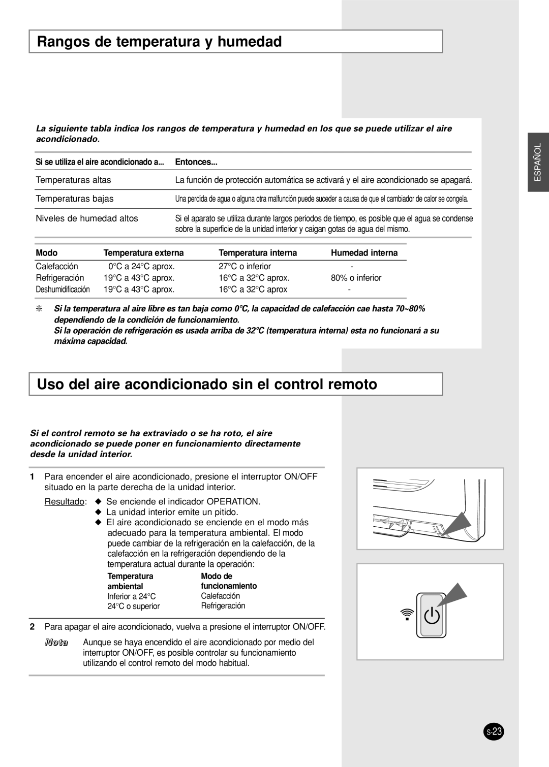 Samsung SH12AWHD, SH09AWHX, SH09AWHD Rangos de temperatura y humedad, Uso del aire acondicionado sin el control remoto 