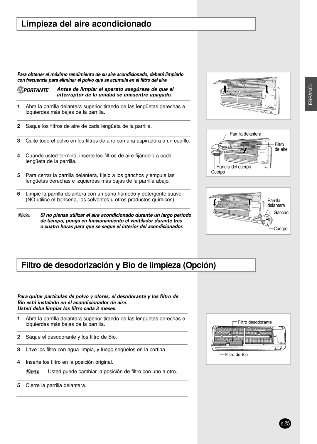 Samsung SH09AWHX, SH12AWH, SH09AWHD manual Limpieza del aire acondicionado, Filtro de desodorización y Bio de limpieza Opción 