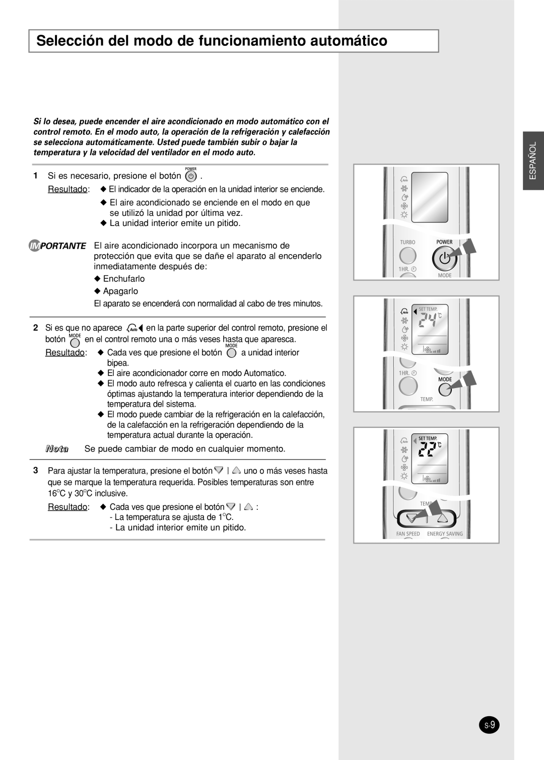 Samsung SH09AWHD, SH09AWHX, SH12AWHX, SH12AWHD manual Selección del modo de funcionamiento automático 