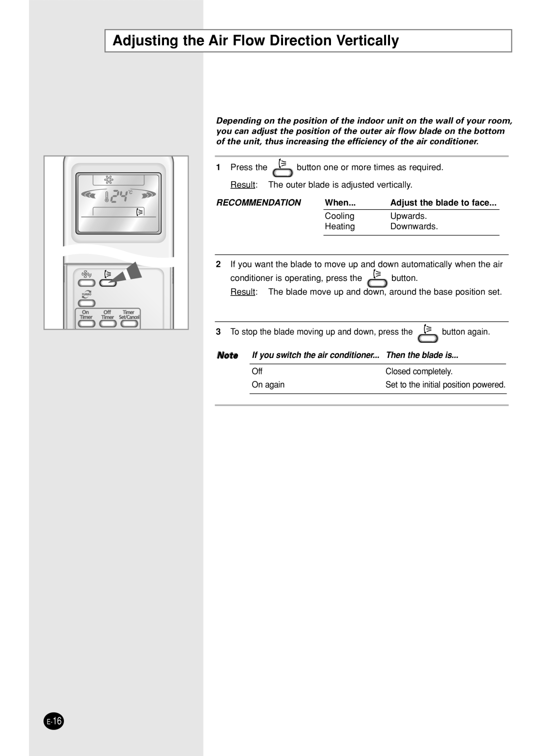 Samsung SH09BPDX, SH12BPDX manual Adjusting the Air Flow Direction Vertically, Recommendation 