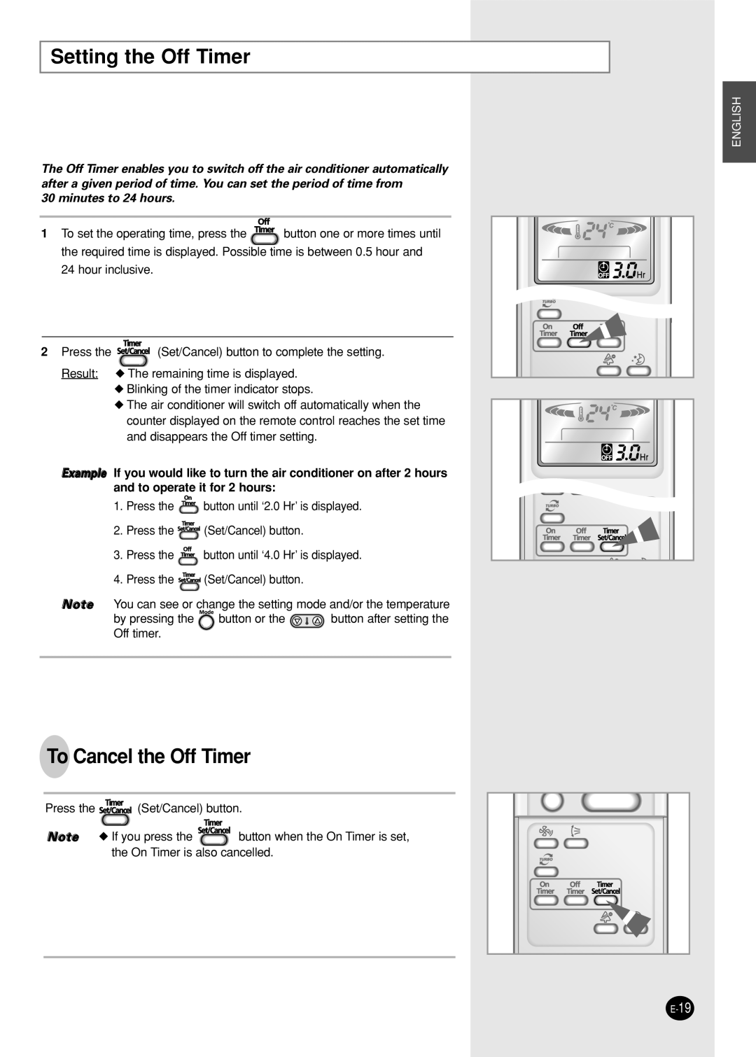 Samsung SH09BPDX, SH12BPDX manual Setting the Off Timer, To Cancel the Off Timer 