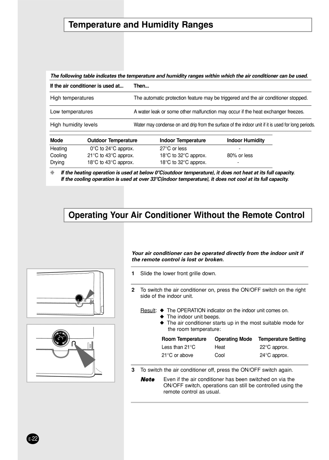 Samsung SH12BPDX, SH09BPD manual Temperature and Humidity Ranges, Operating Your Air Conditioner Without the Remote Control 