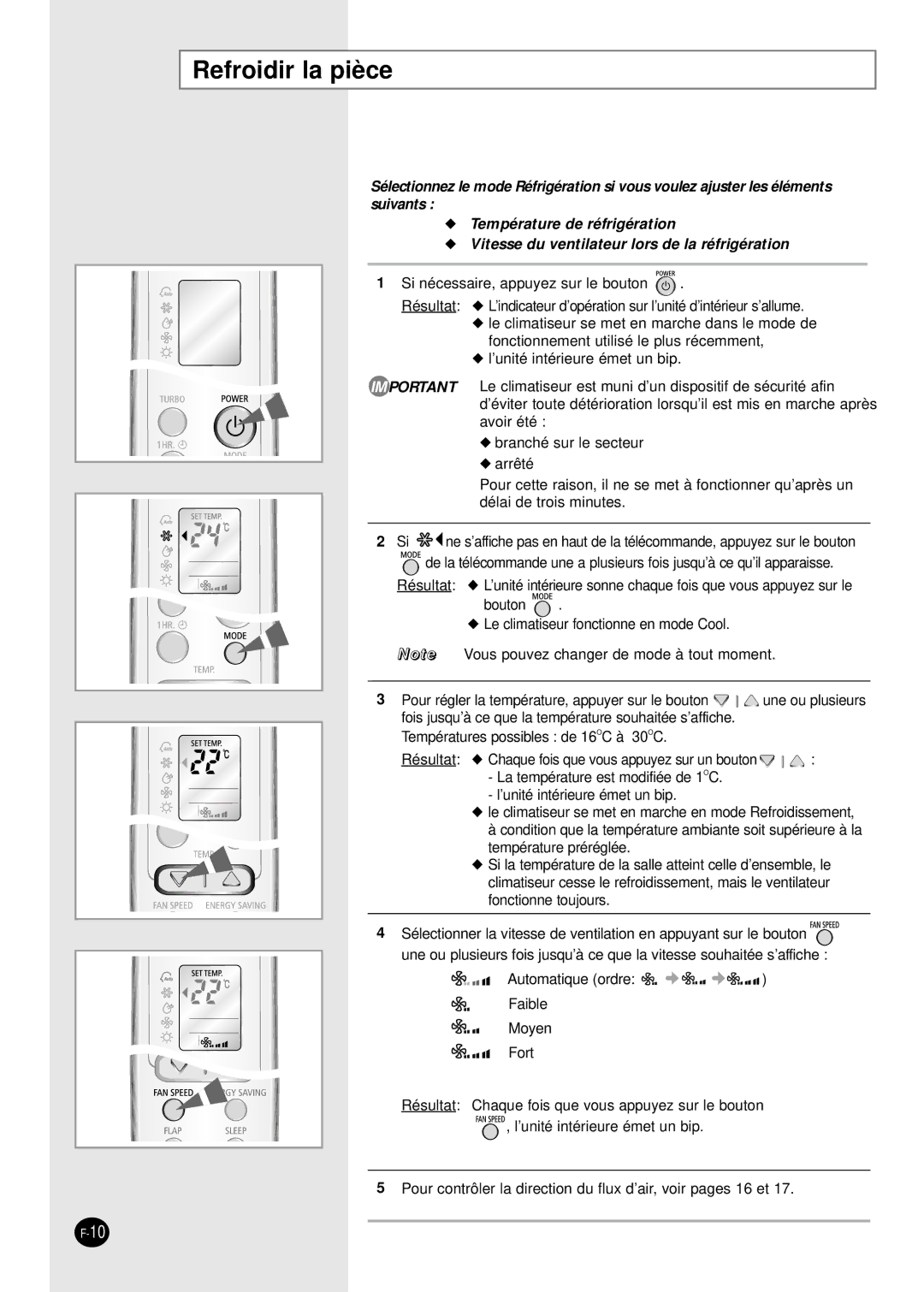 Samsung SH09BWHX, SH12BWHX manual Refroidir la pièce, Vitesse du ventilateur lors de la réfrigération 