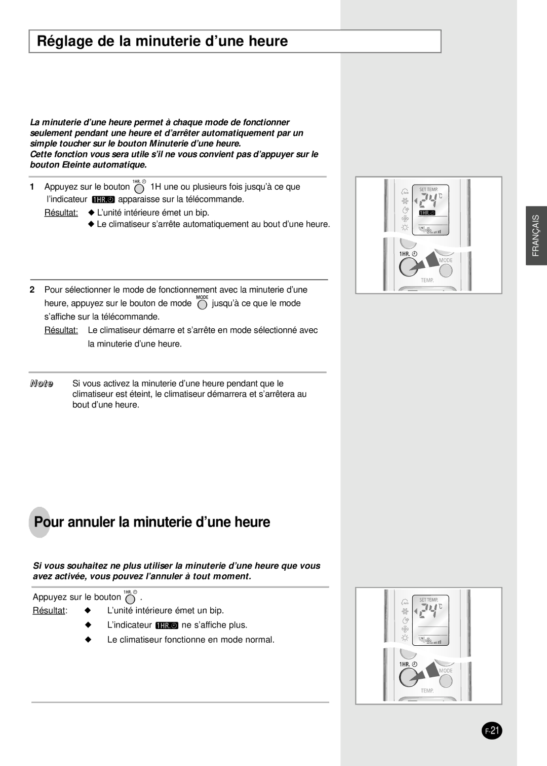 Samsung SH09BWHX, SH12BWHX manual Réglage de la minuterie d’une heure, Pour annuler la minuterie d’une heure 