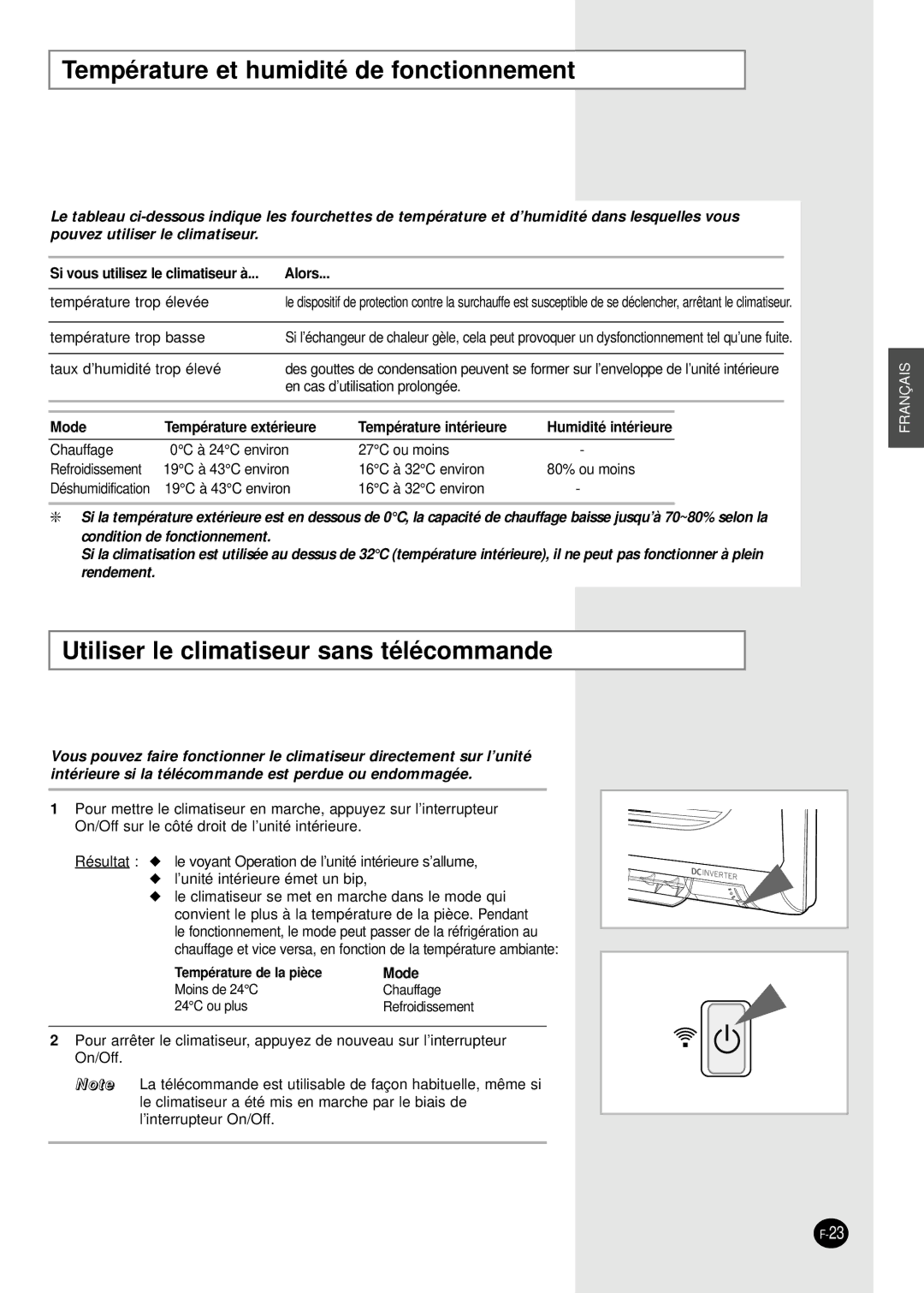 Samsung SH12BWHX, SH09BWHX manual Température et humidité de fonctionnement, Utiliser le climatiseur sans télécommande 