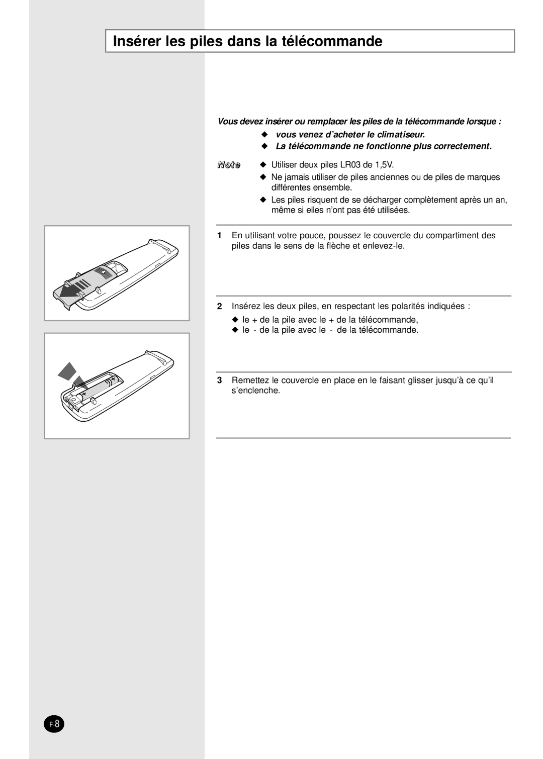 Samsung SH09BWHX, SH12BWHX manual Insérer les piles dans la télécommande 