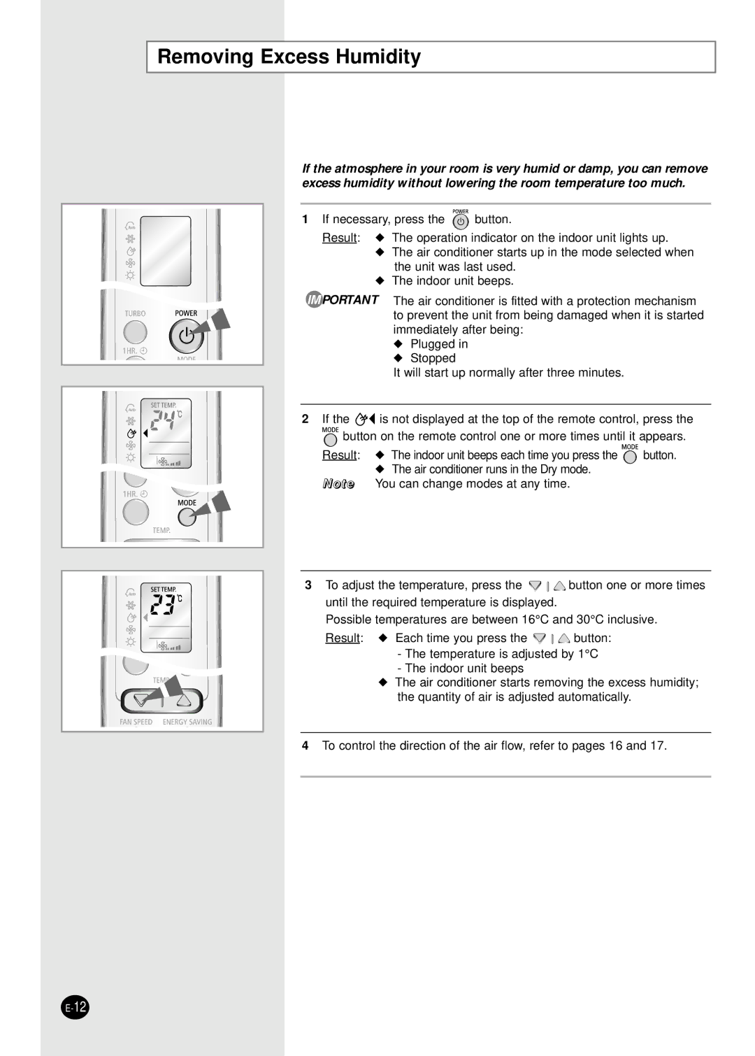 Samsung SH09BWHX, SH12BWHX manual Removing Excess Humidity 