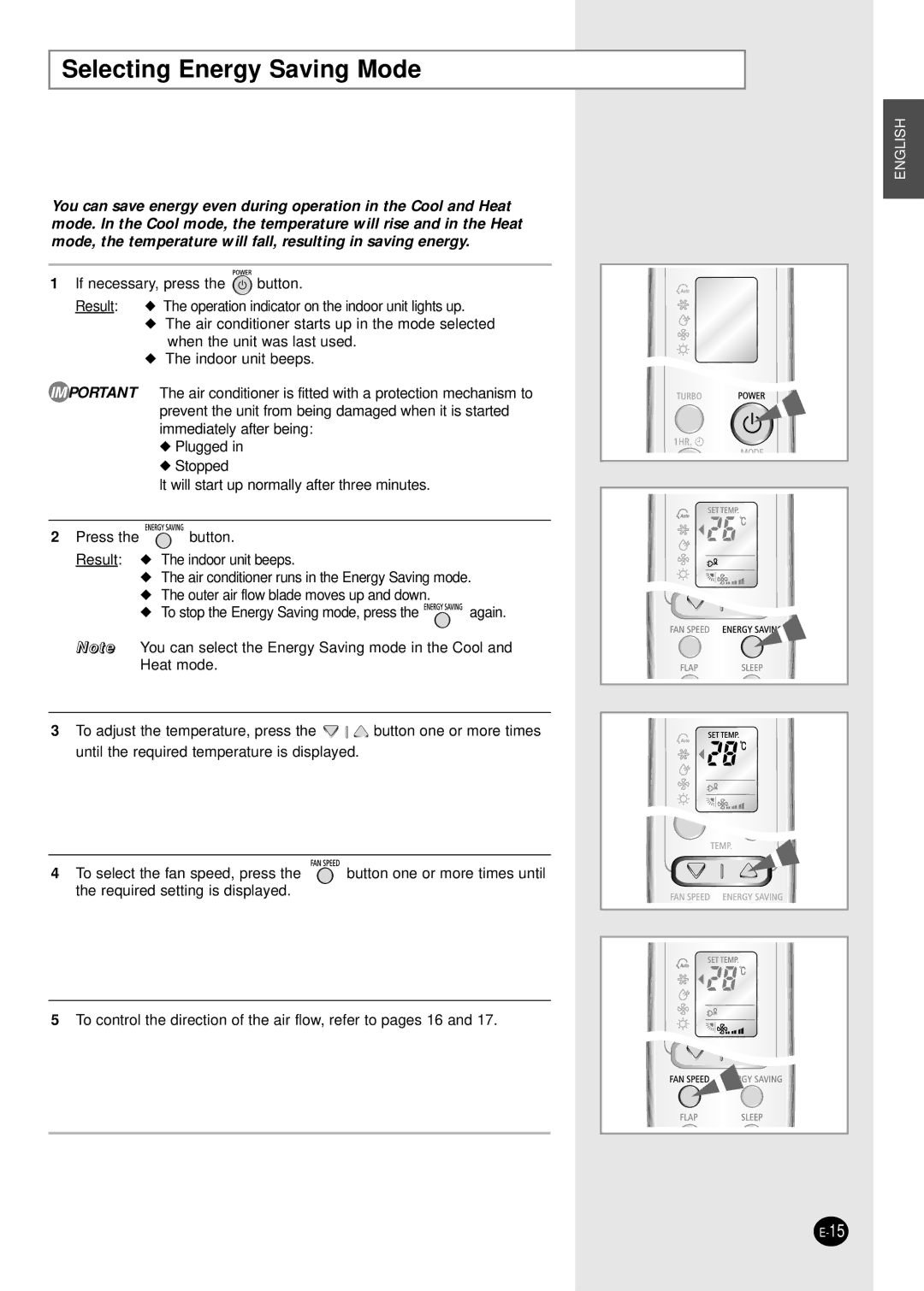 Samsung SH12BWHX, SH09BWHX manual Selecting Energy Saving Mode 