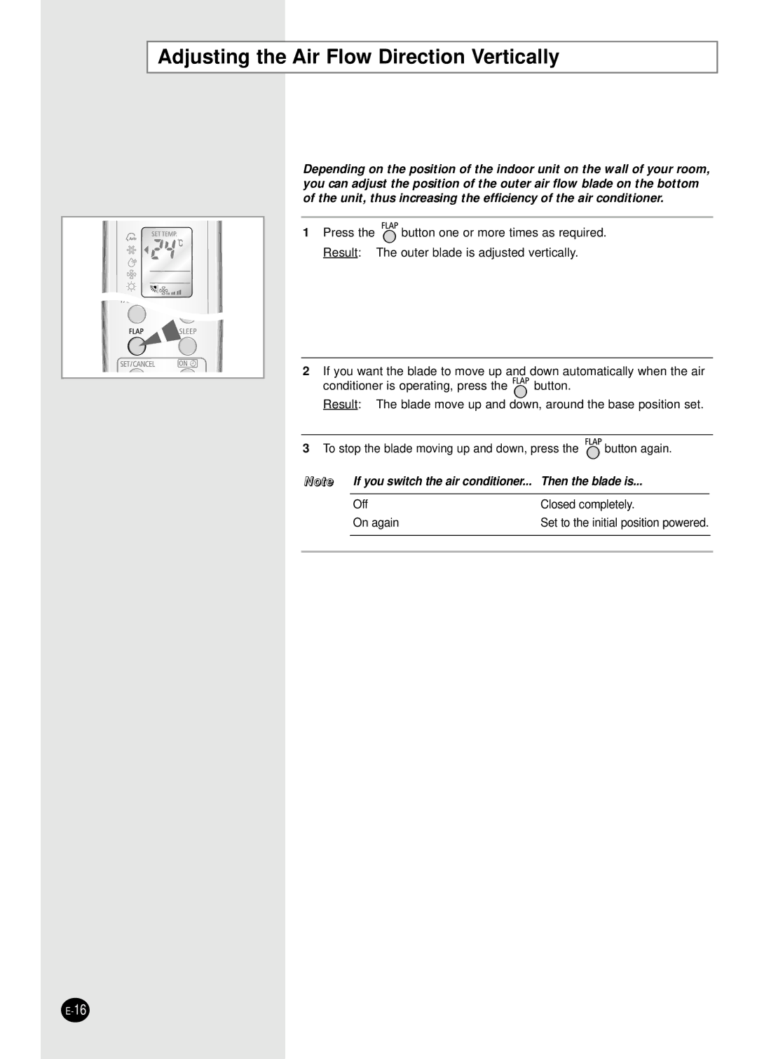 Samsung SH09BWHX, SH12BWHX manual Adjusting the Air Flow Direction Vertically 