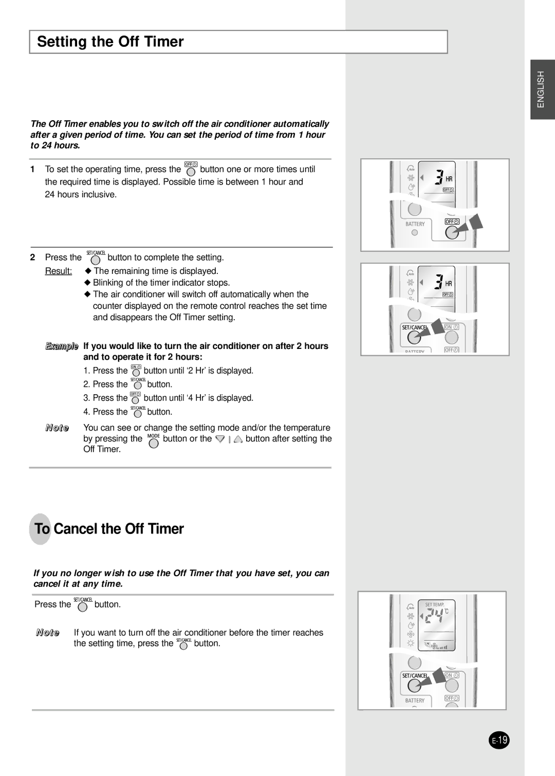 Samsung SH12BWHX, SH09BWHX manual Setting the Off Timer, To Cancel the Off Timer 