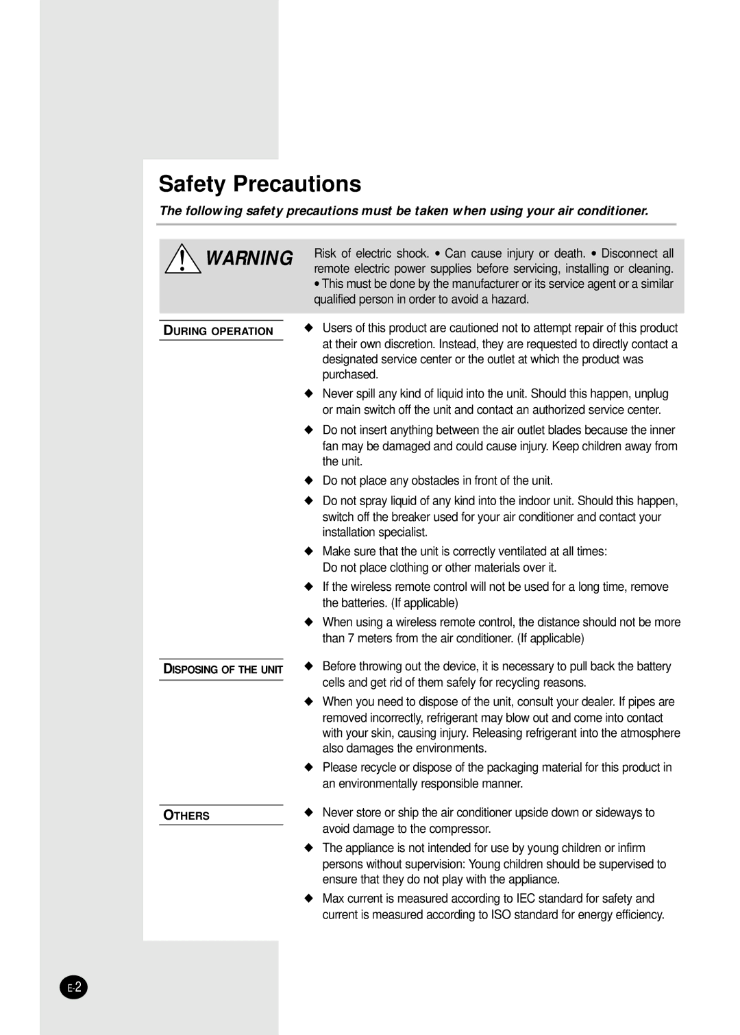 Samsung SH09BWHX, SH12BWHX manual Safety Precautions 