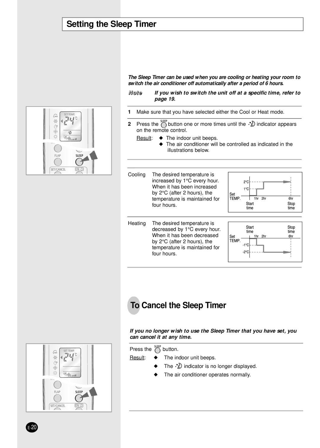 Samsung SH09BWHX, SH12BWHX manual Setting the Sleep Timer, To Cancel the Sleep Timer 