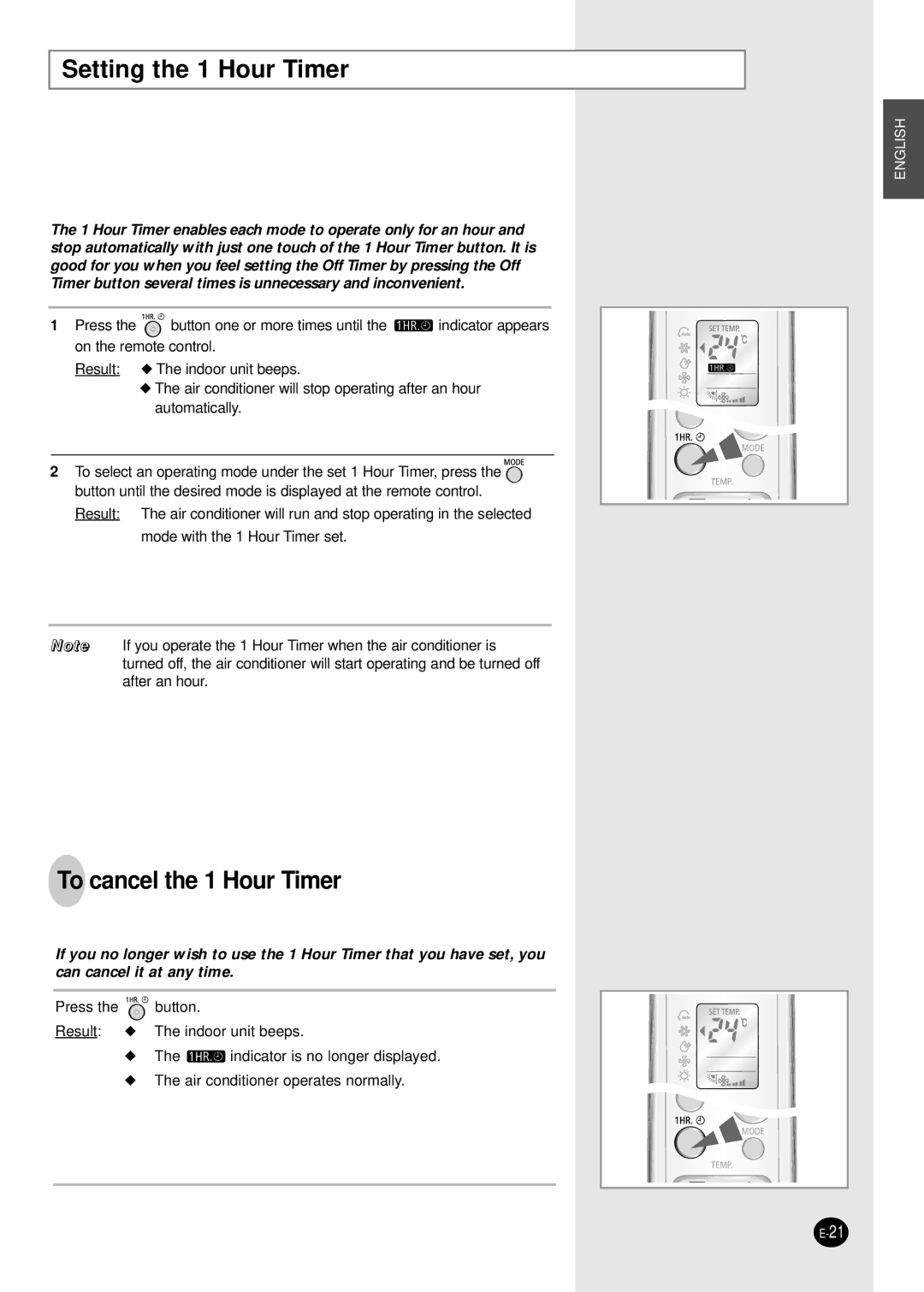 Samsung SH09BWHX, SH12BWHX manual Setting the 1 Hour Timer, To cancel the 1 Hour Timer 