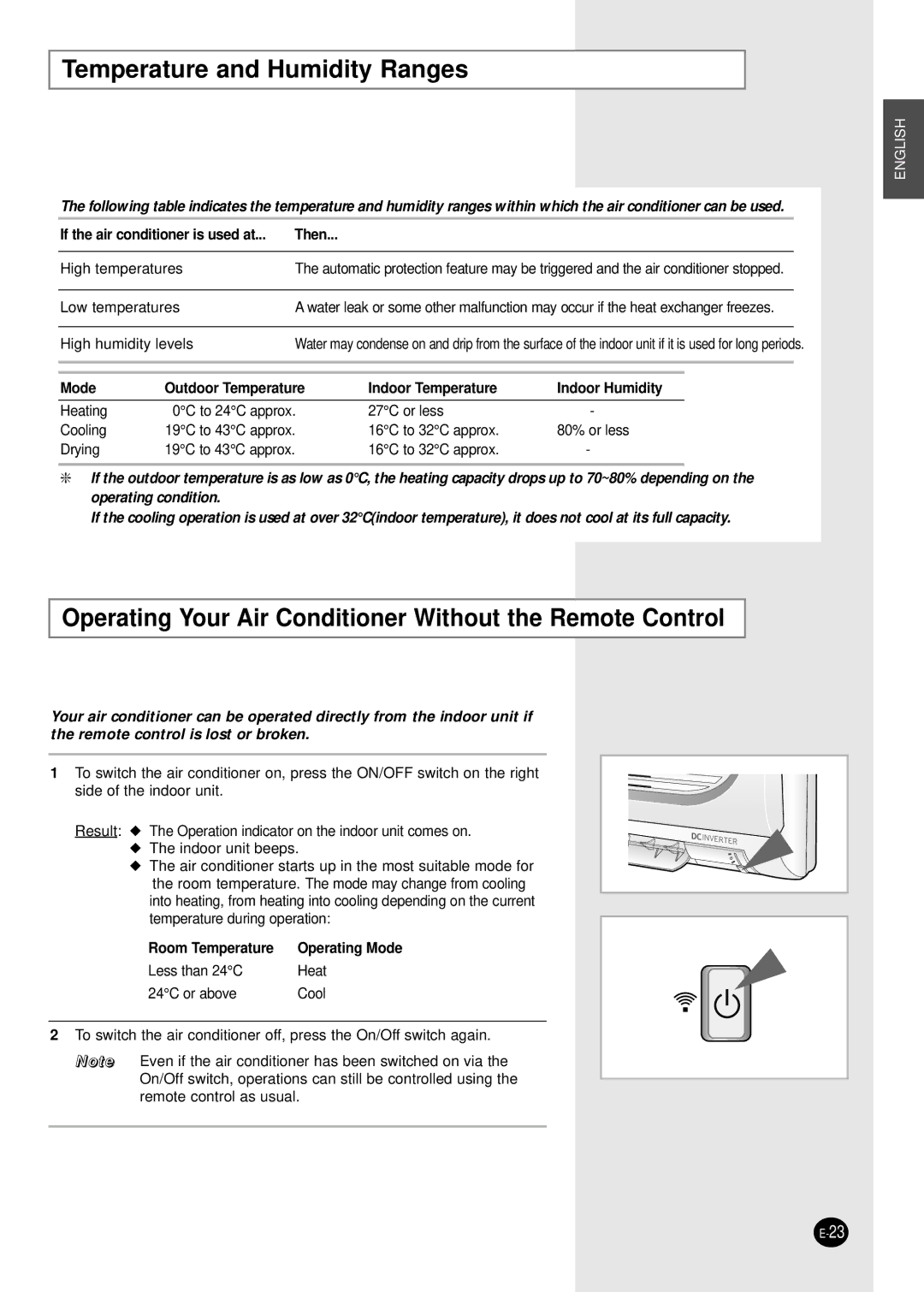 Samsung SH12BWHX, SH09BWH manual Temperature and Humidity Ranges, Operating Your Air Conditioner Without the Remote Control 