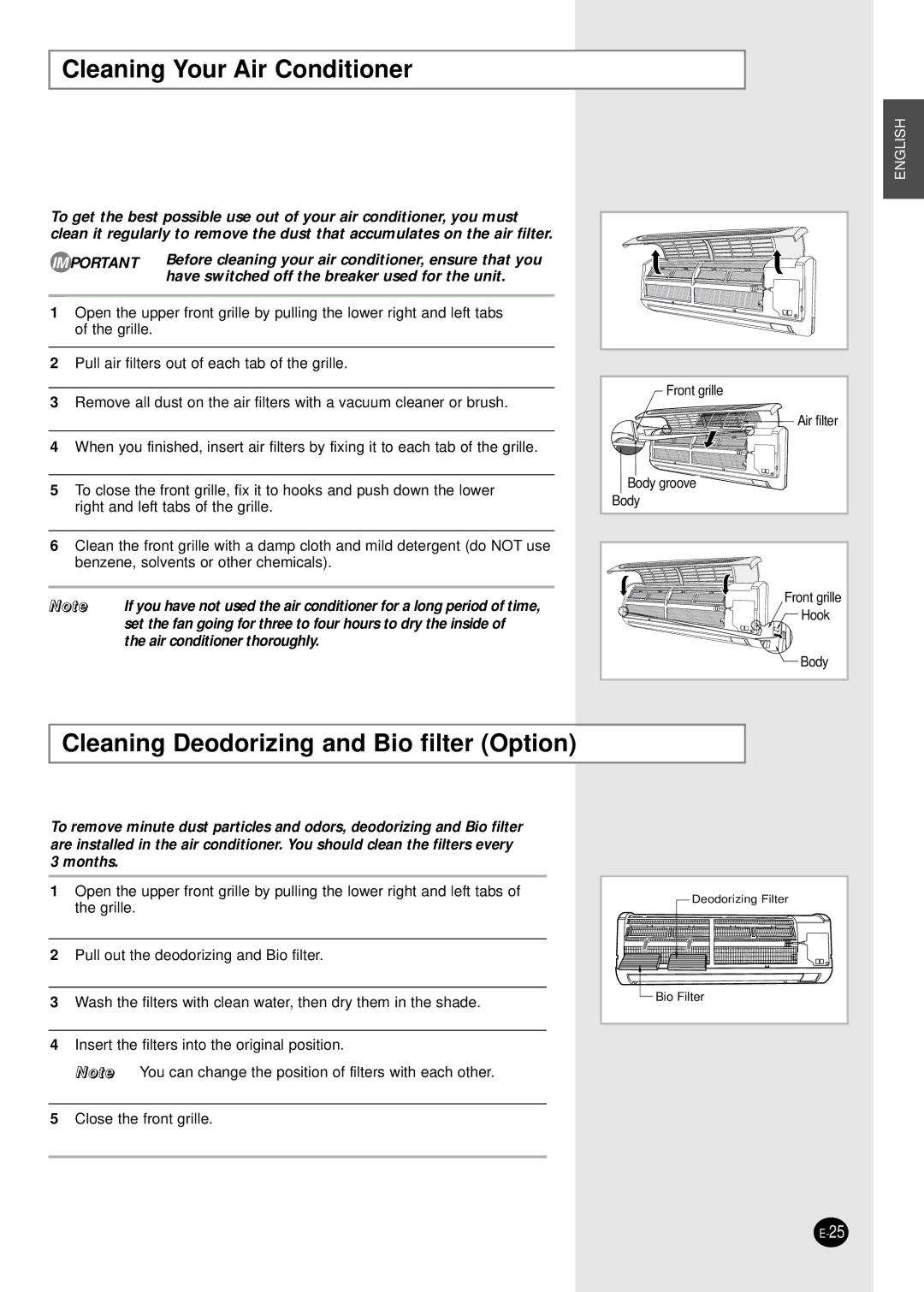 Samsung SH09BWHX, SH12BWHX manual Cleaning Your Air Conditioner, Cleaning Deodorizing and Bio filter Option 