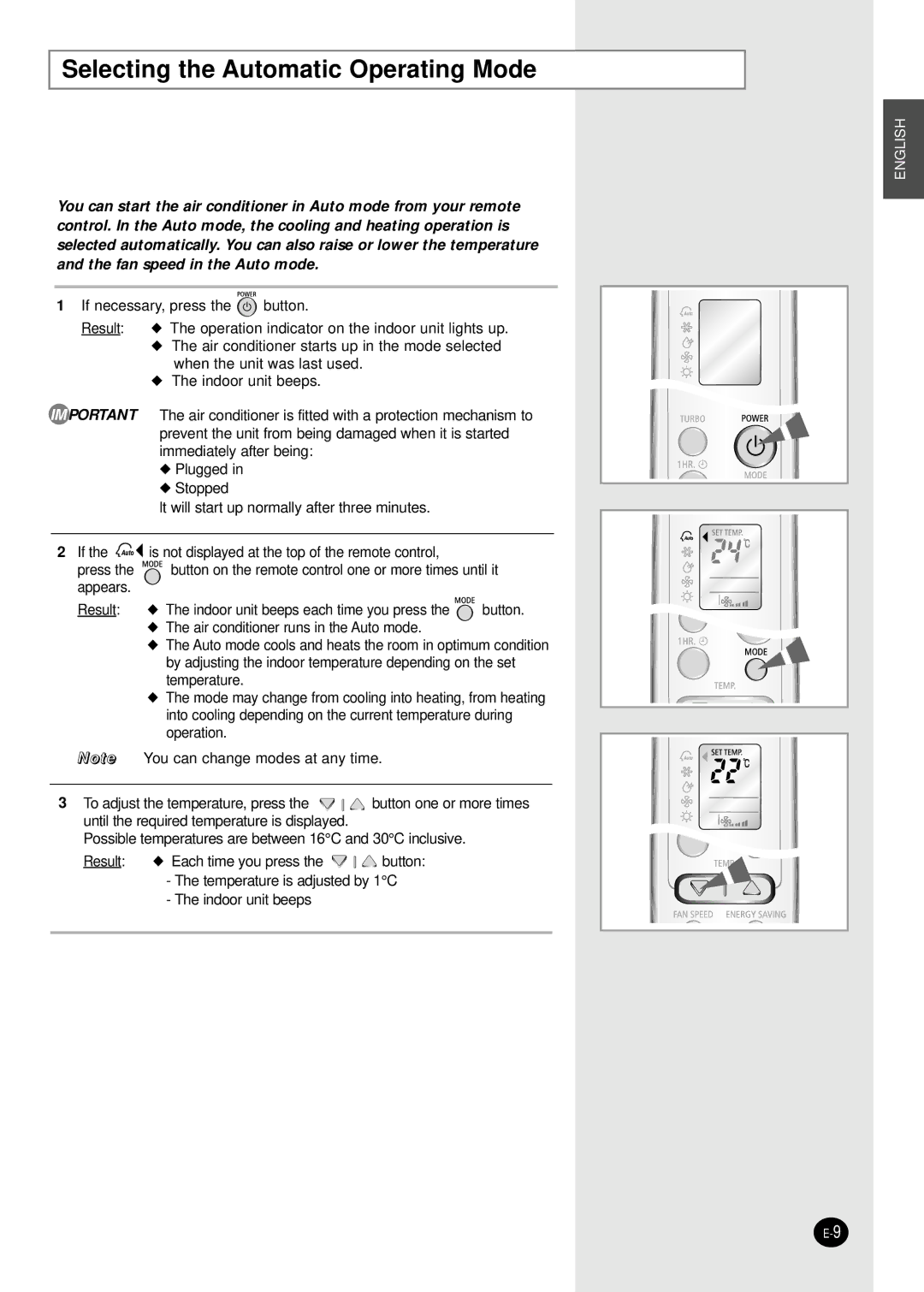 Samsung SH09BWHX, SH12BWHX manual Selecting the Automatic Operating Mode 