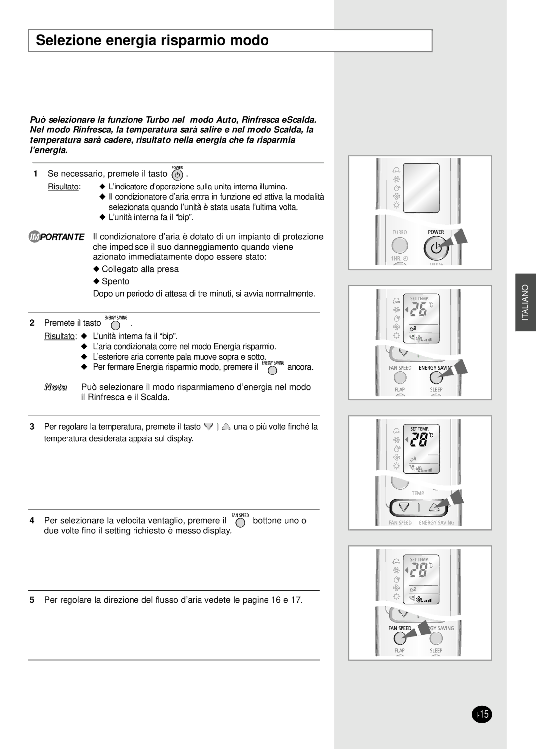 Samsung SH12BWHX, SH09BWHX manual Selezione energia risparmio modo 