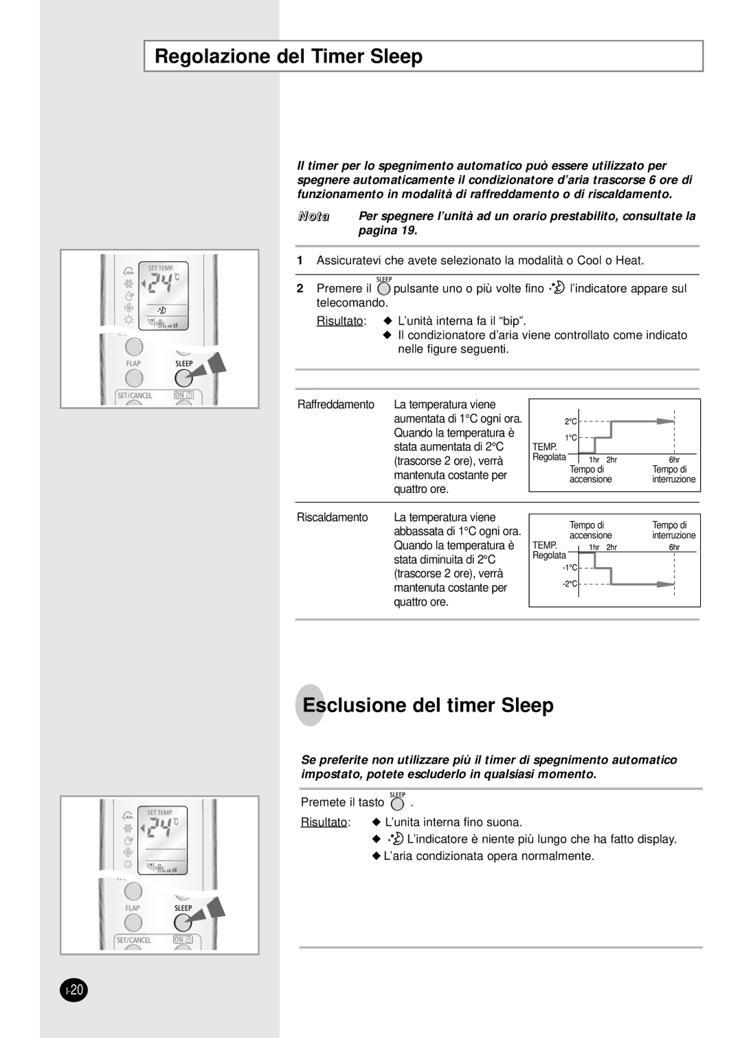 Samsung SH09BWHX, SH12BWHX manual Regolazione del Timer Sleep, Esclusione del timer Sleep 