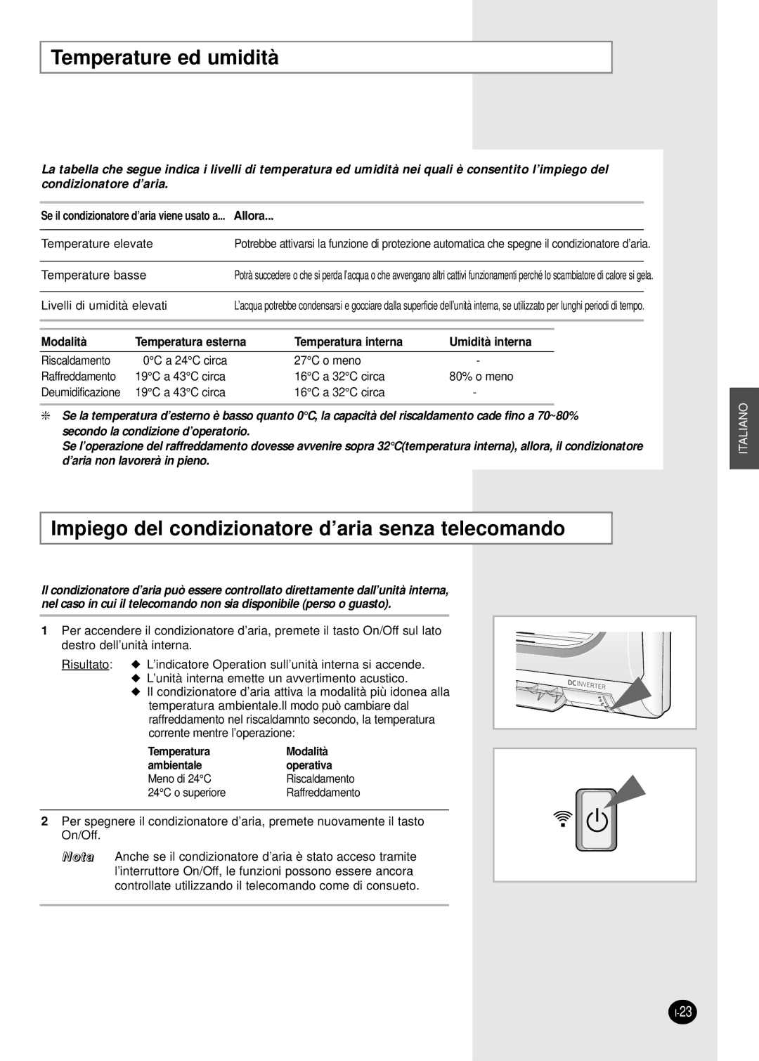 Samsung SH12BWHX, SH09BWHX manual Temperature ed umidità, Impiego del condizionatore d’aria senza telecomando 