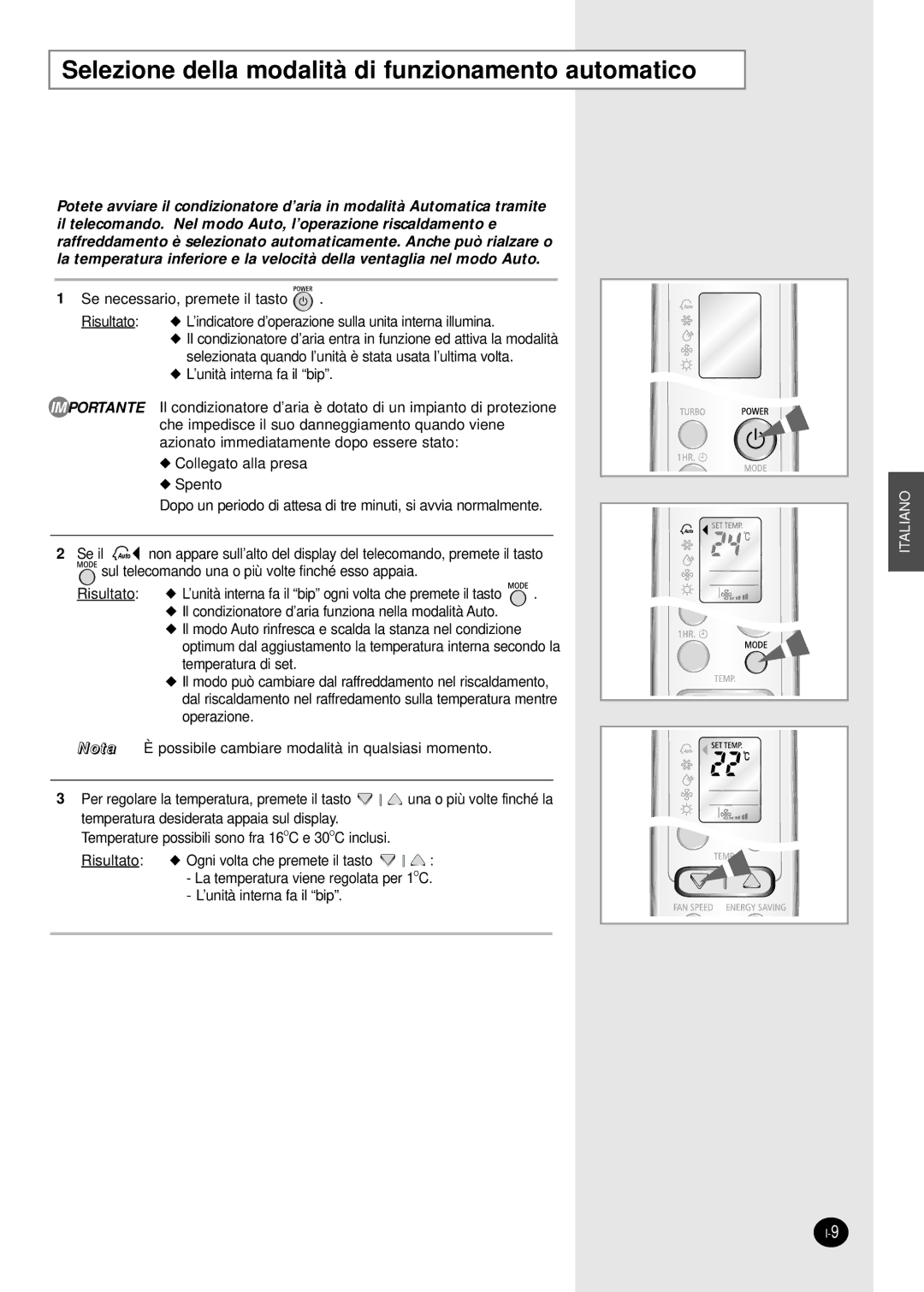 Samsung SH09BWHX, SH12BWHX manual Selezione della modalità di funzionamento automatico 