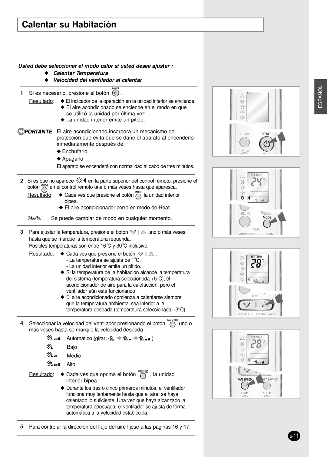 Samsung SH12BWHX, SH09BWHX manual Calentar su Habitación 