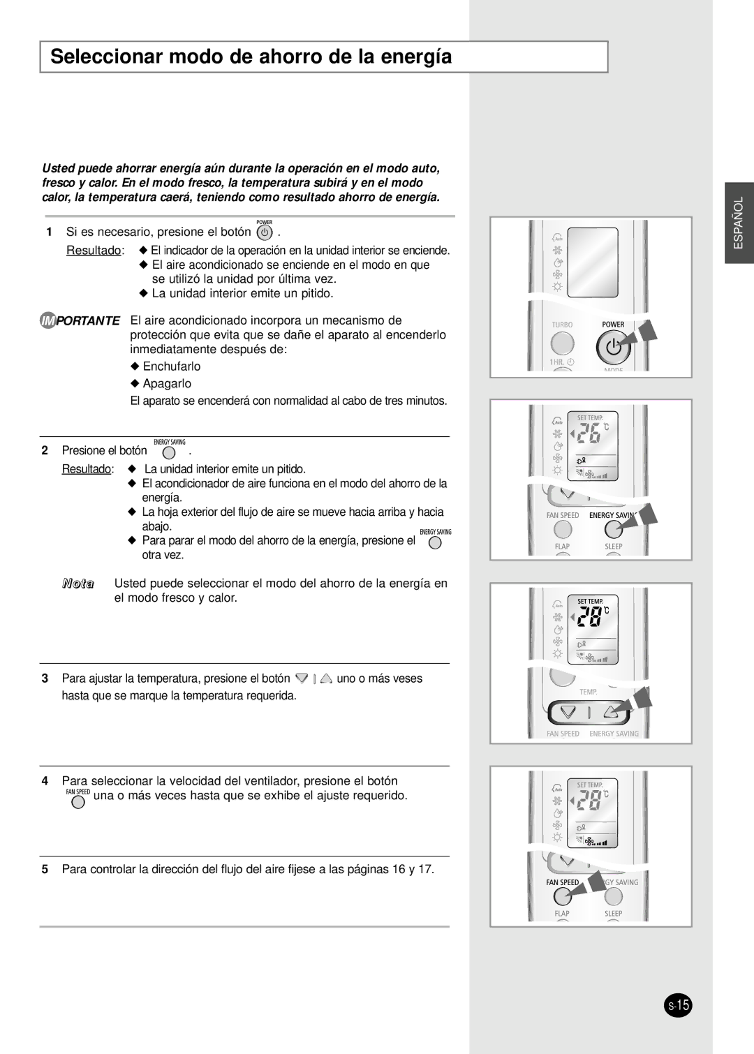 Samsung SH12BWHX, SH09BWHX manual Seleccionar modo de ahorro de la energía 