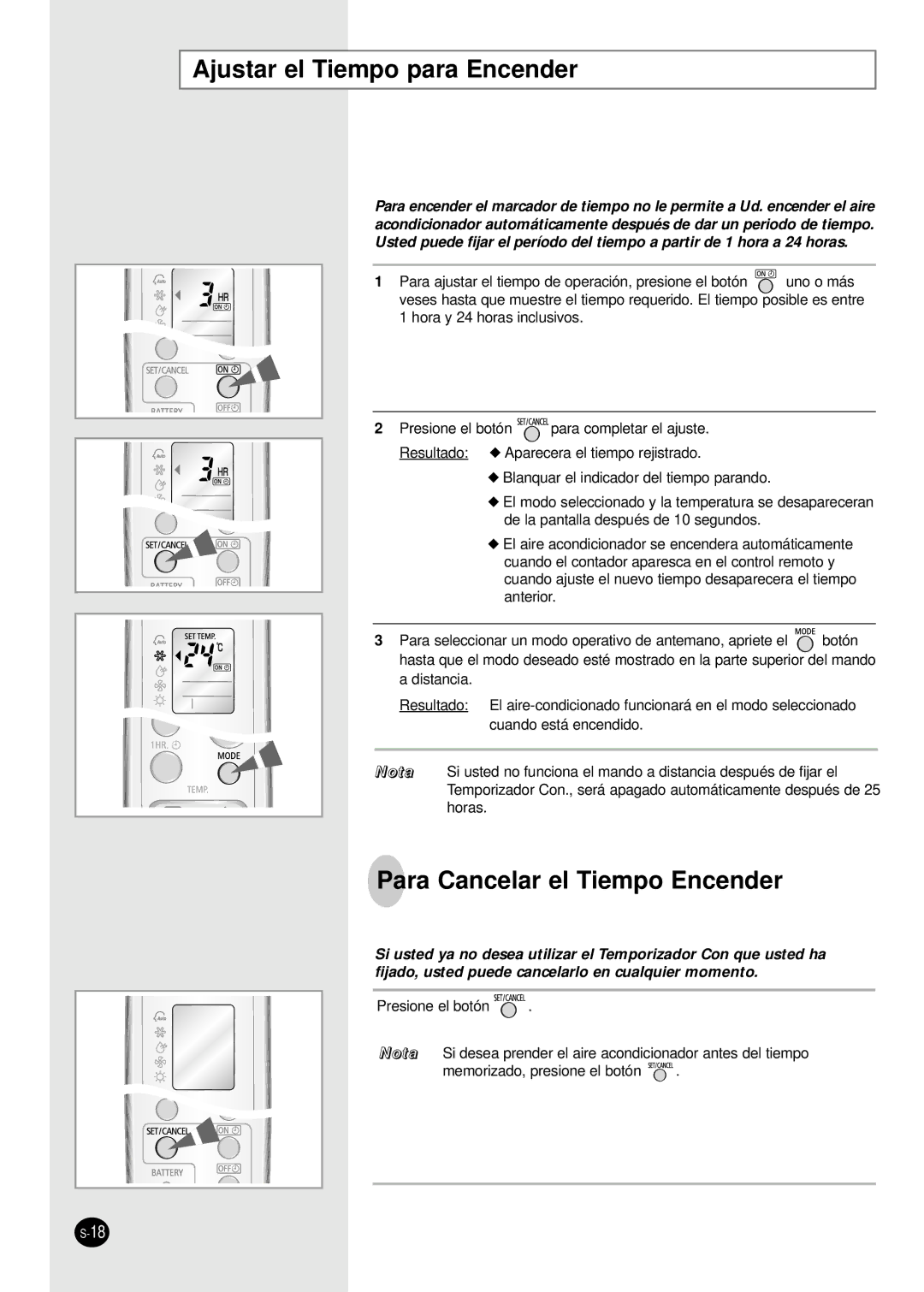 Samsung SH09BWHX, SH12BWHX manual Ajustar el Tiempo para Encender, Para Cancelar el Tiempo Encender 