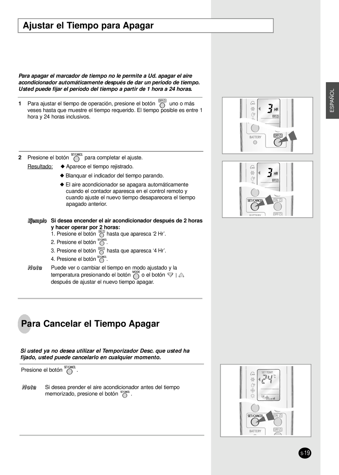 Samsung SH12BWHX, SH09BWHX manual Ajustar el Tiempo para Apagar, Para Cancelar el Tiempo Apagar 