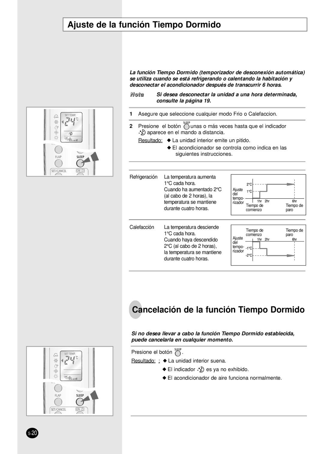 Samsung SH09BWHX, SH12BWHX manual Ajuste de la función Tiempo Dormido, Cancelación de la función Tiempo Dormido 