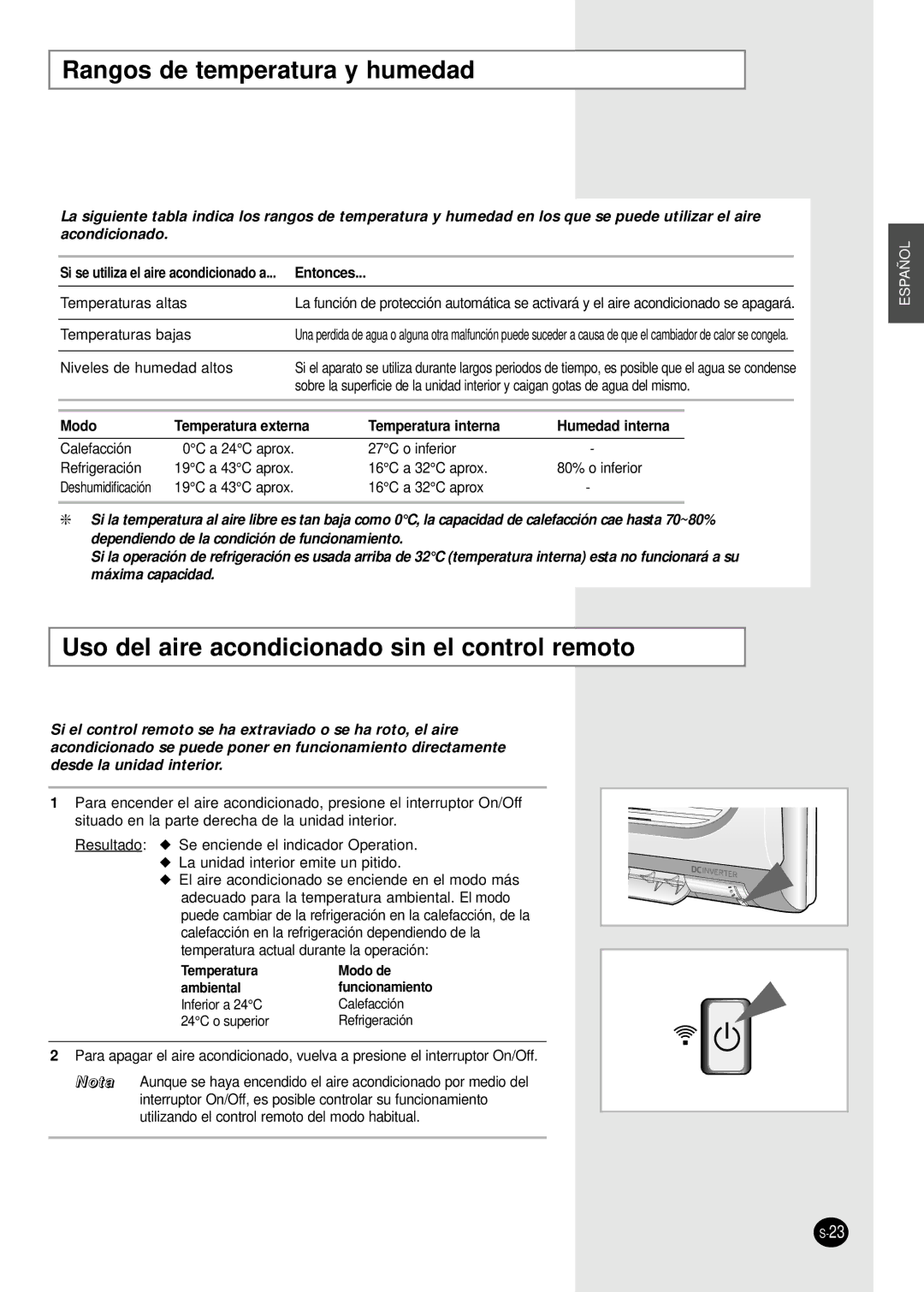 Samsung SH12BWHX, SH09BWHX manual Rangos de temperatura y humedad, Uso del aire acondicionado sin el control remoto 