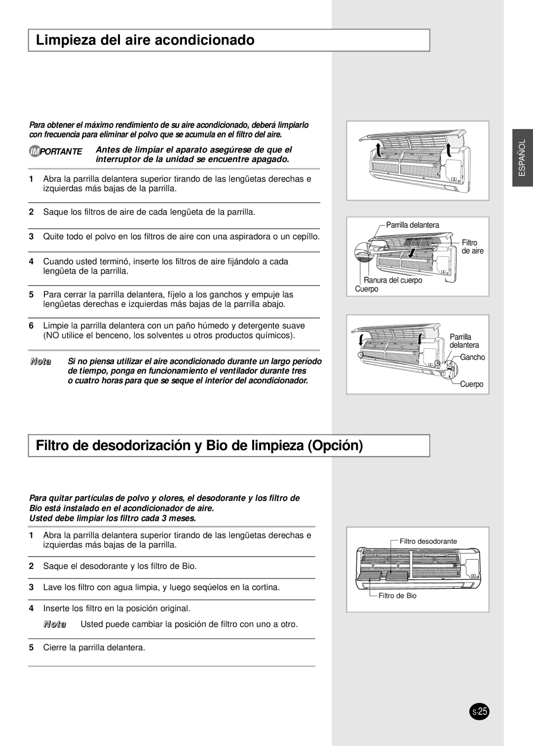 Samsung SH09BWHX, SH12BWHX manual Limpieza del aire acondicionado, Filtro de desodorización y Bio de limpieza Opción 