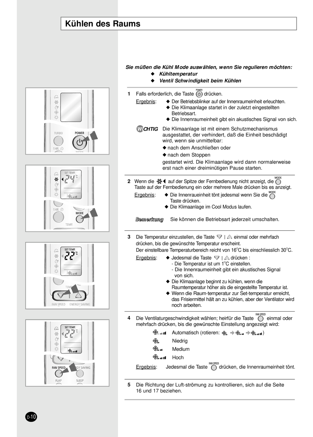 Samsung SH09BWHA manual Kühlen des Raums 