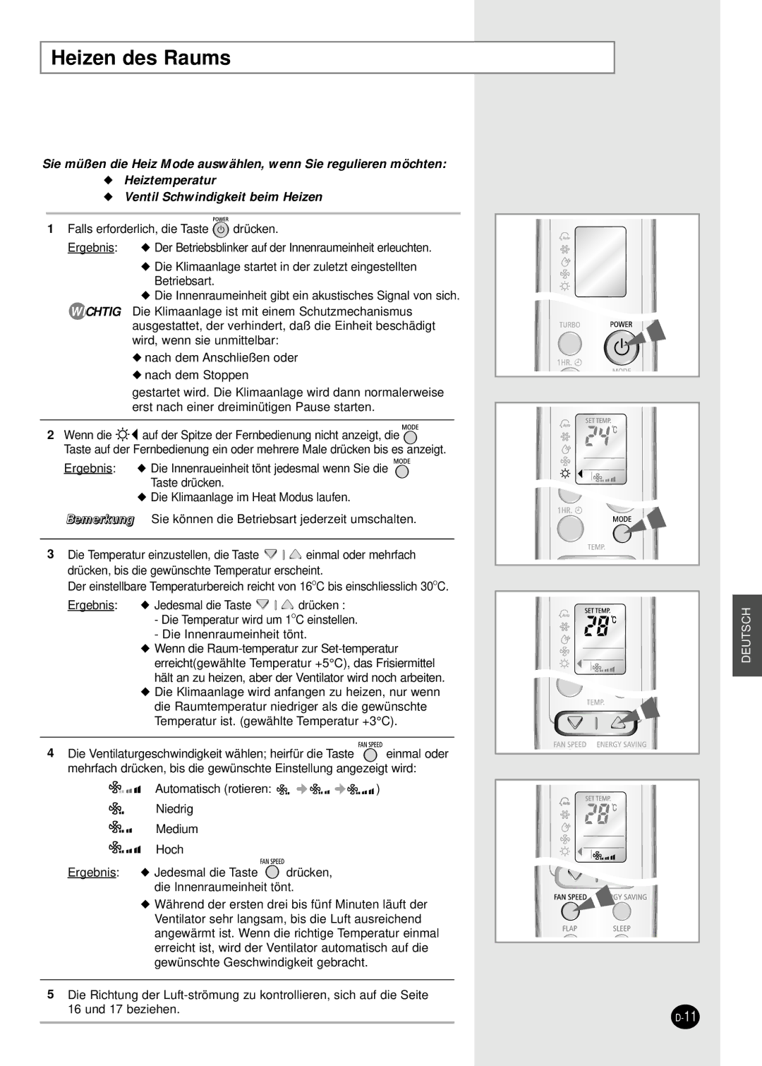 Samsung SH09BWHA manual Heizen des Raums 