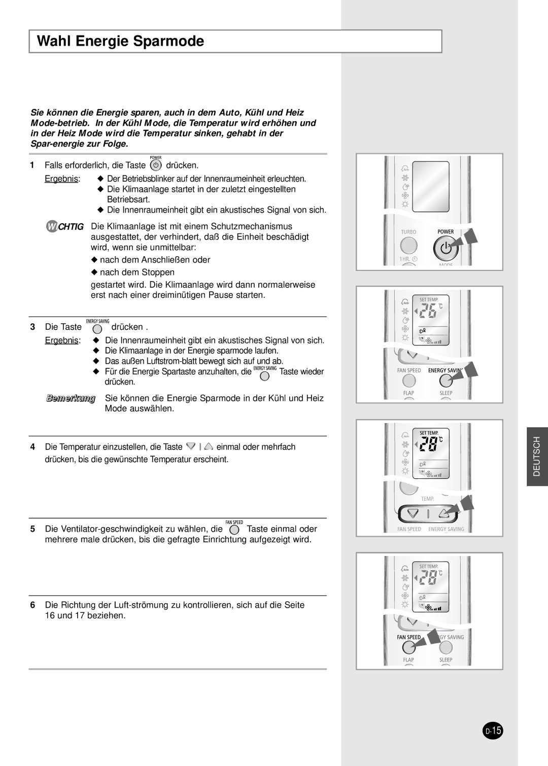 Samsung SH09BWHA manual Wahl Energie Sparmode 